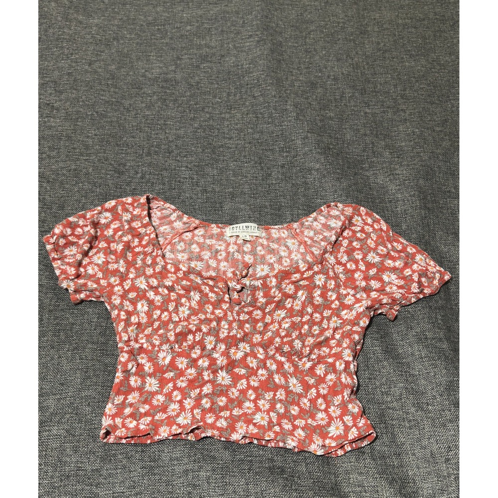 Idyllwind Women's Large Crop Top Floral Smocked Back Tie Front Short Sleeve‎